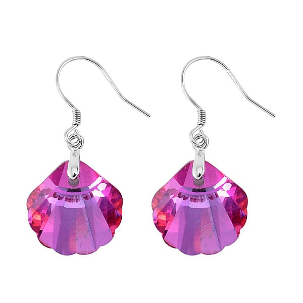 Simulated Fuchsia Color Quartz Earrings In Rhodium Over Sterling Silver
