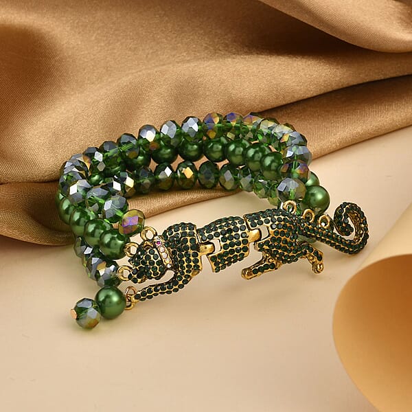 Simulated Green Pearl And Multi Gemstone Multi Row Bracelet With Leopard Charm In Goldtone (7.5-9.5In)