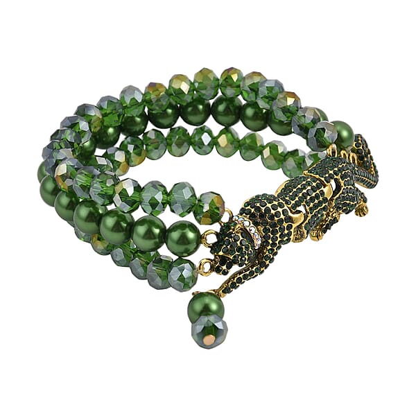 Simulated Green Pearl And Multi Gemstone Multi Row Bracelet With Leopard Charm In Goldtone (7.5-9.5In)