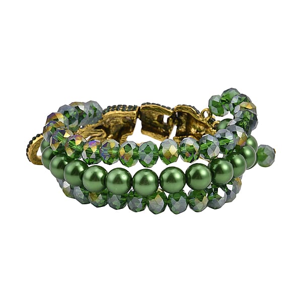 Simulated Green Pearl And Multi Gemstone Multi Row Bracelet With Leopard Charm In Goldtone (7.5-9.5In)