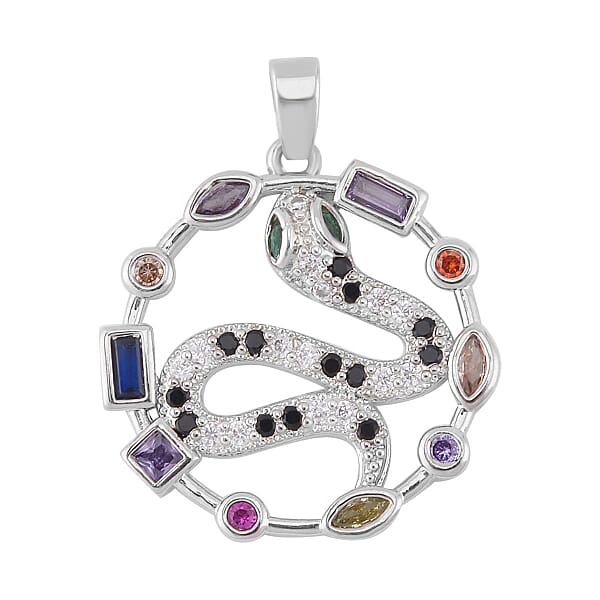Simulated Multi Color Diamond 7.30 Ctw Set Of 3 Butterfly Snake And Rabbit Pendant Without Chain In Silvertone