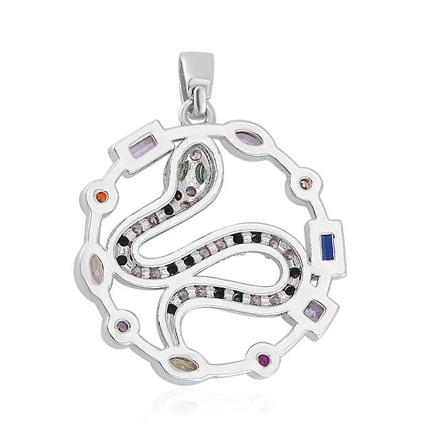 Simulated Multi Color Diamond 7.30 Ctw Set Of 3 Butterfly Snake And Rabbit Pendant Without Chain In Silvertone