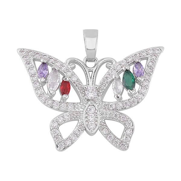 Simulated Multi Color Diamond 7.30 Ctw Set Of 3 Butterfly Snake And Rabbit Pendant Without Chain In Silvertone