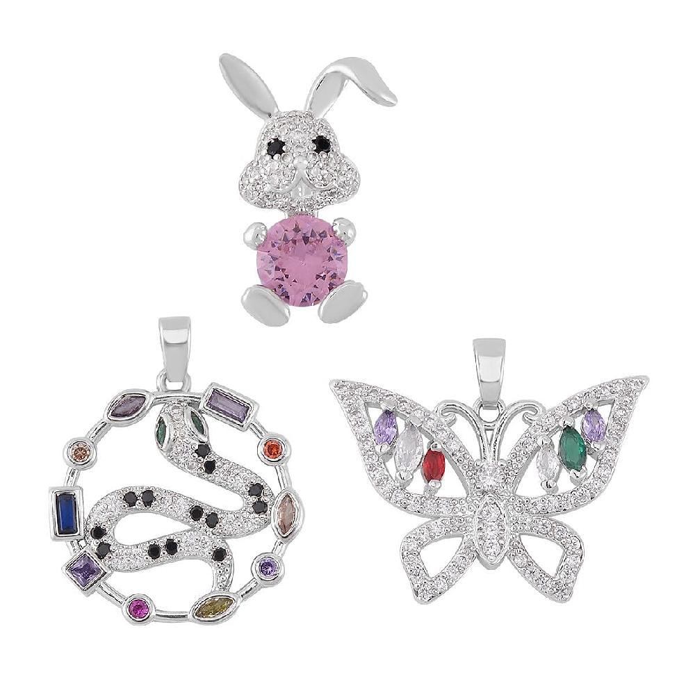 Simulated Multi Color Diamond 7.30 ctw Set of 3 Butterfly Snake and Rabbit Pendant without Chain in Silvertone