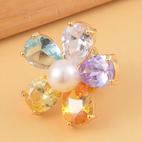 Simulated Multi Color Diamond And White Freshwater Pearl Floral Brooch In Goldtone