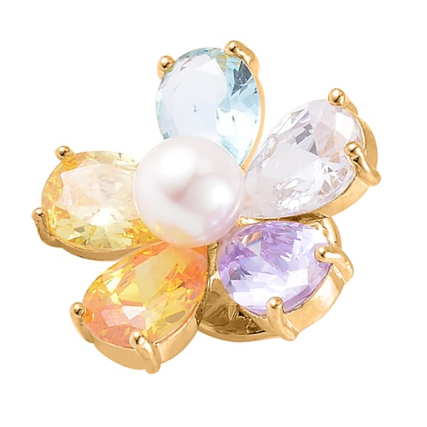 Simulated Multi Color Diamond And White Freshwater Pearl Floral Brooch In Goldtone