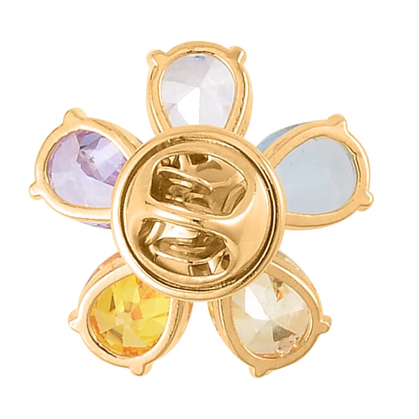 Simulated Multi Color Diamond And White Freshwater Pearl Floral Brooch In Goldtone