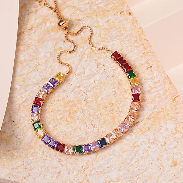 Simulated Multi Color Diamond Bolo Bracelet In Goldtone (6-9In)