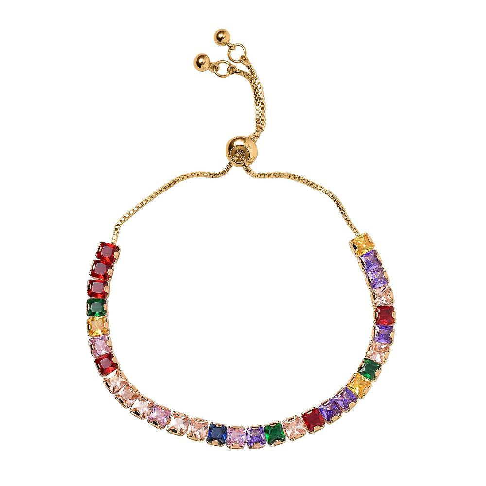 Simulated Multi Color Diamond Bolo Bracelet in Goldtone (6-9In)