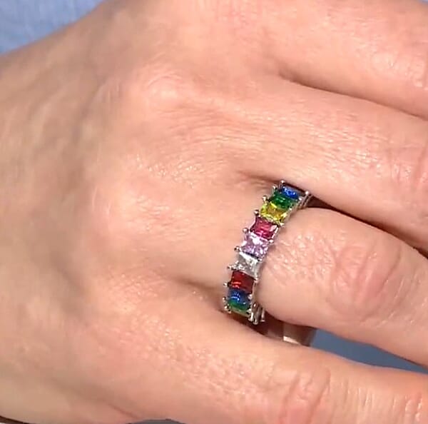 Simulated Multi Color Diamond Eternity Band Ring In Silvertone