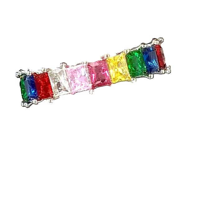 Simulated Multi Color Diamond Eternity Band Ring in Silvertone