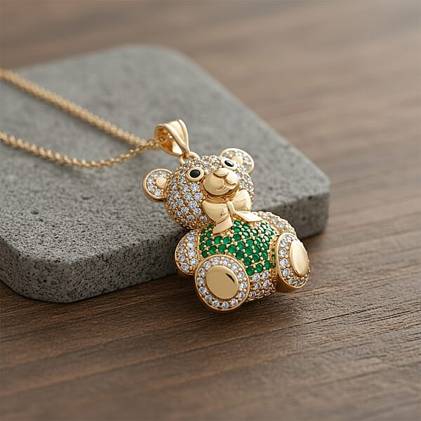 Simulated Multi Color Diamond Teddy Bear Pendant In Goldtone With Stainless Steel Necklace 20-22 Inches
