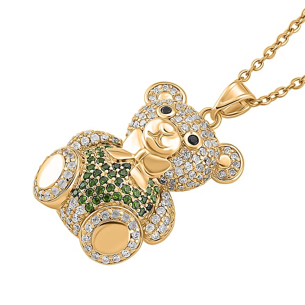 Simulated Multi Color Diamond Teddy Bear Pendant In Goldtone With Stainless Steel Necklace 20-22 Inches