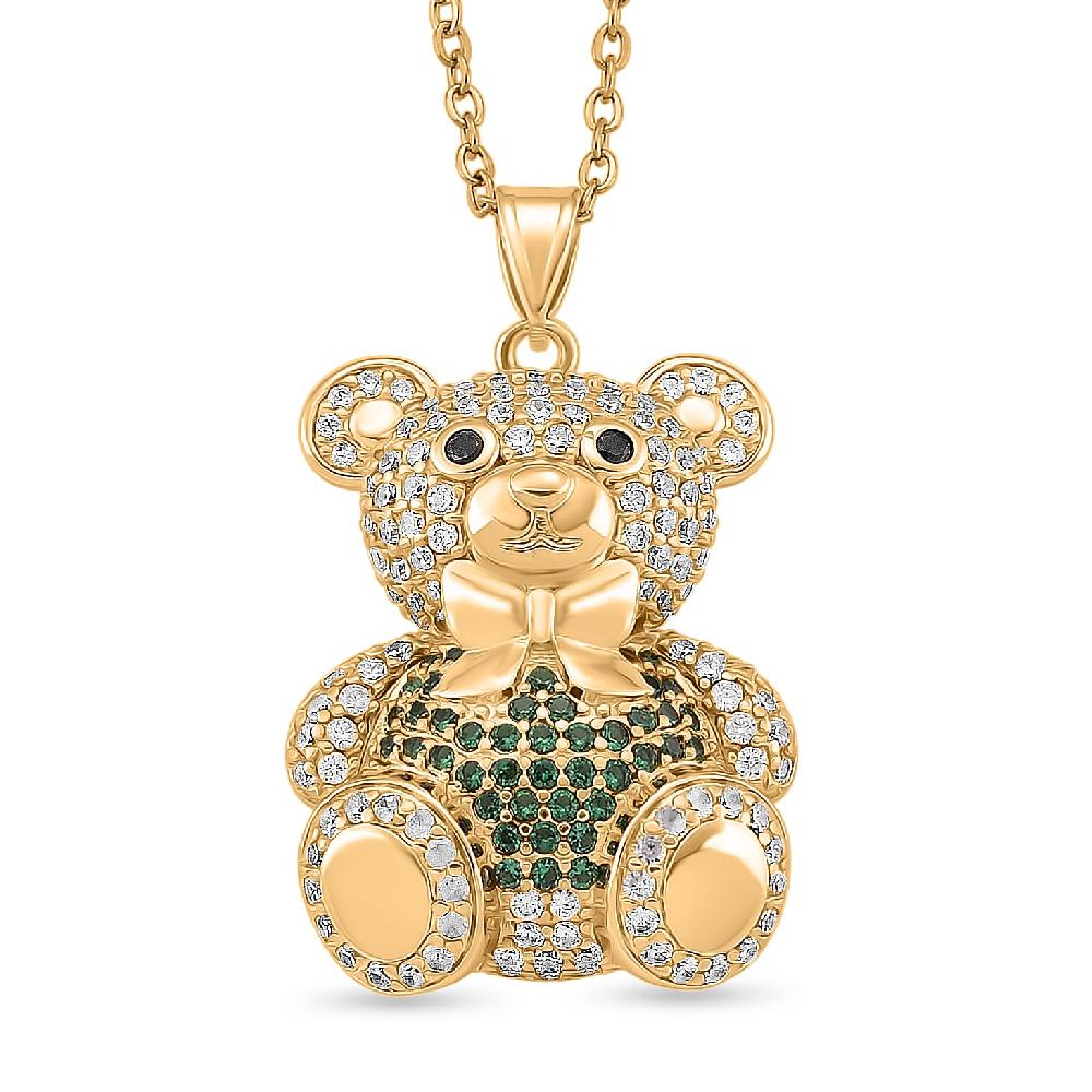 Simulated Multi Color Diamond Teddy Bear Pendant in Goldtone with Stainless Steel Necklace 20-22 Inches