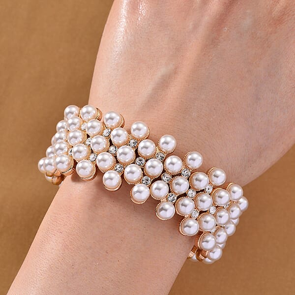 Simulated Pearl Austrian Crystal Bangle Bracelet In Goldtone (6.50-7.0In)