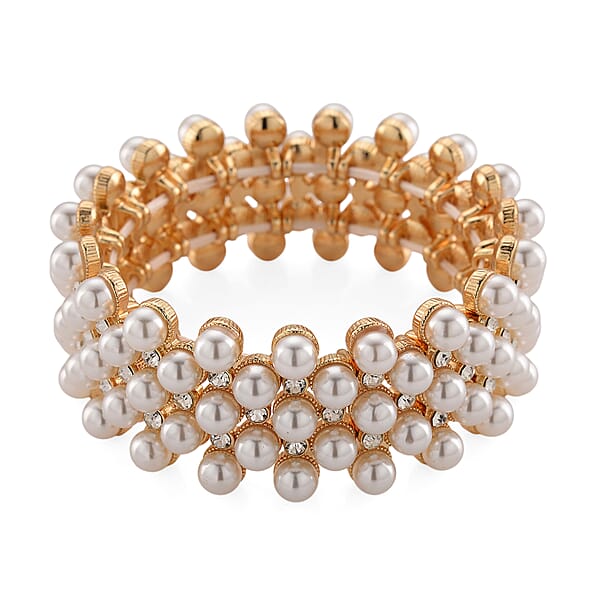 Simulated Pearl Austrian Crystal Bangle Bracelet In Goldtone (6.50-7.0In)