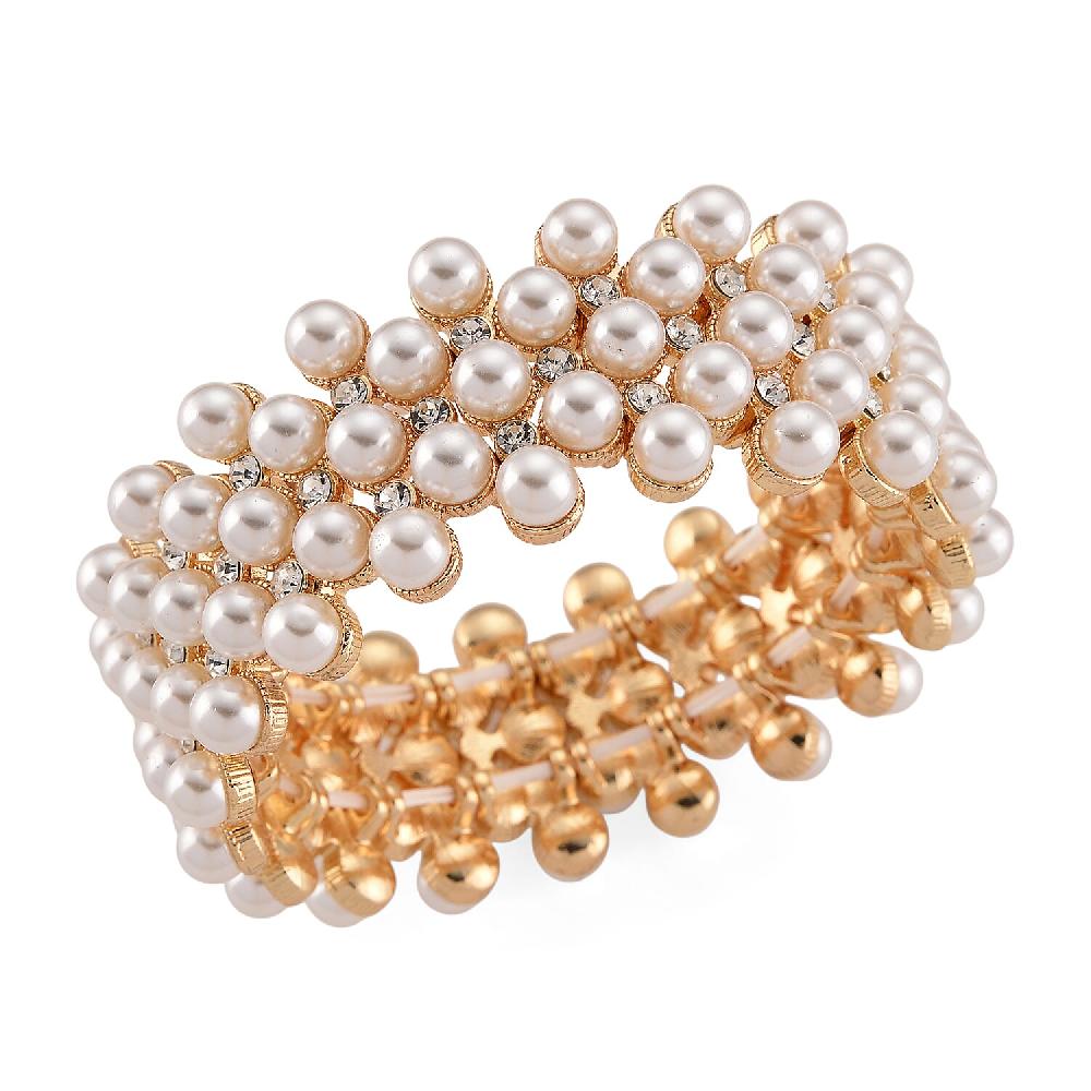 Simulated Pearl Austrian Crystal Bangle Bracelet in Goldtone (6.50-7.0In)