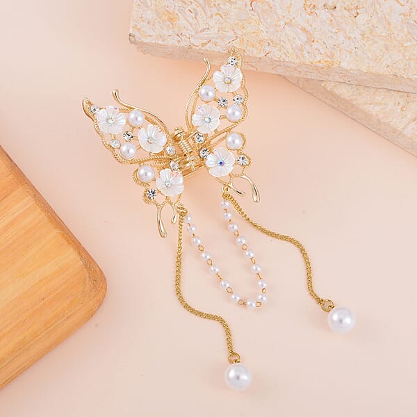 Simulated Pearl Austrian Crystal Resin Butterfly Hair Pin In Goldtone