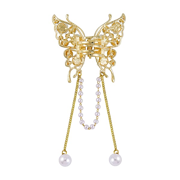 Simulated Pearl Austrian Crystal Resin Butterfly Hair Pin In Goldtone