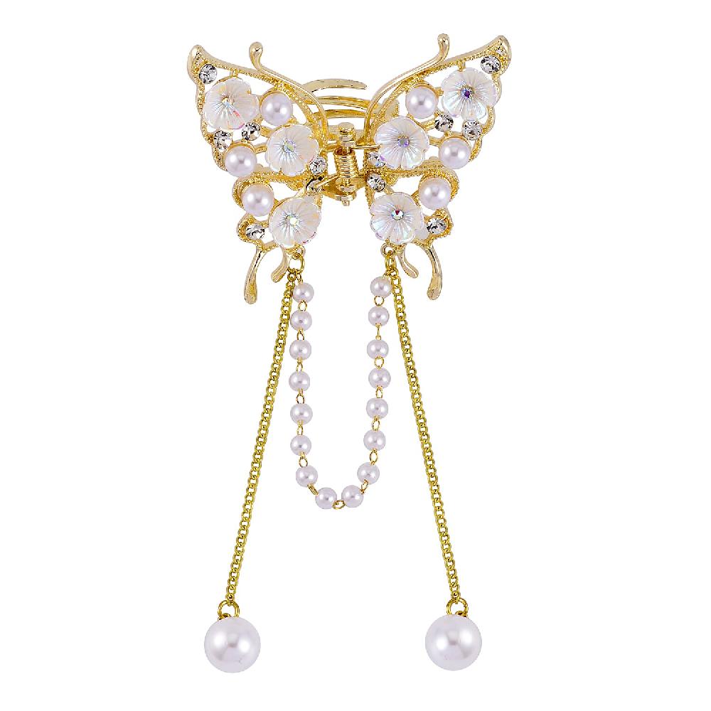 Simulated Pearl Austrian Crystal Resin Butterfly Hair Pin in Goldtone
