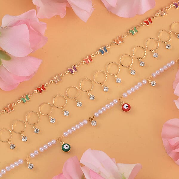 Simulated Pearl Resin And Austrian Crystal Set Of 3 Flower Evil Eye & Butterfly Anklet In Goldtone (9-11In & 8.5-10.5In)