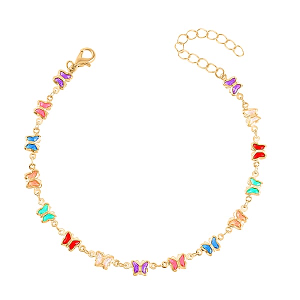 Simulated Pearl Resin And Austrian Crystal Set Of 3 Flower Evil Eye & Butterfly Anklet In Goldtone (9-11In & 8.5-10.5In)