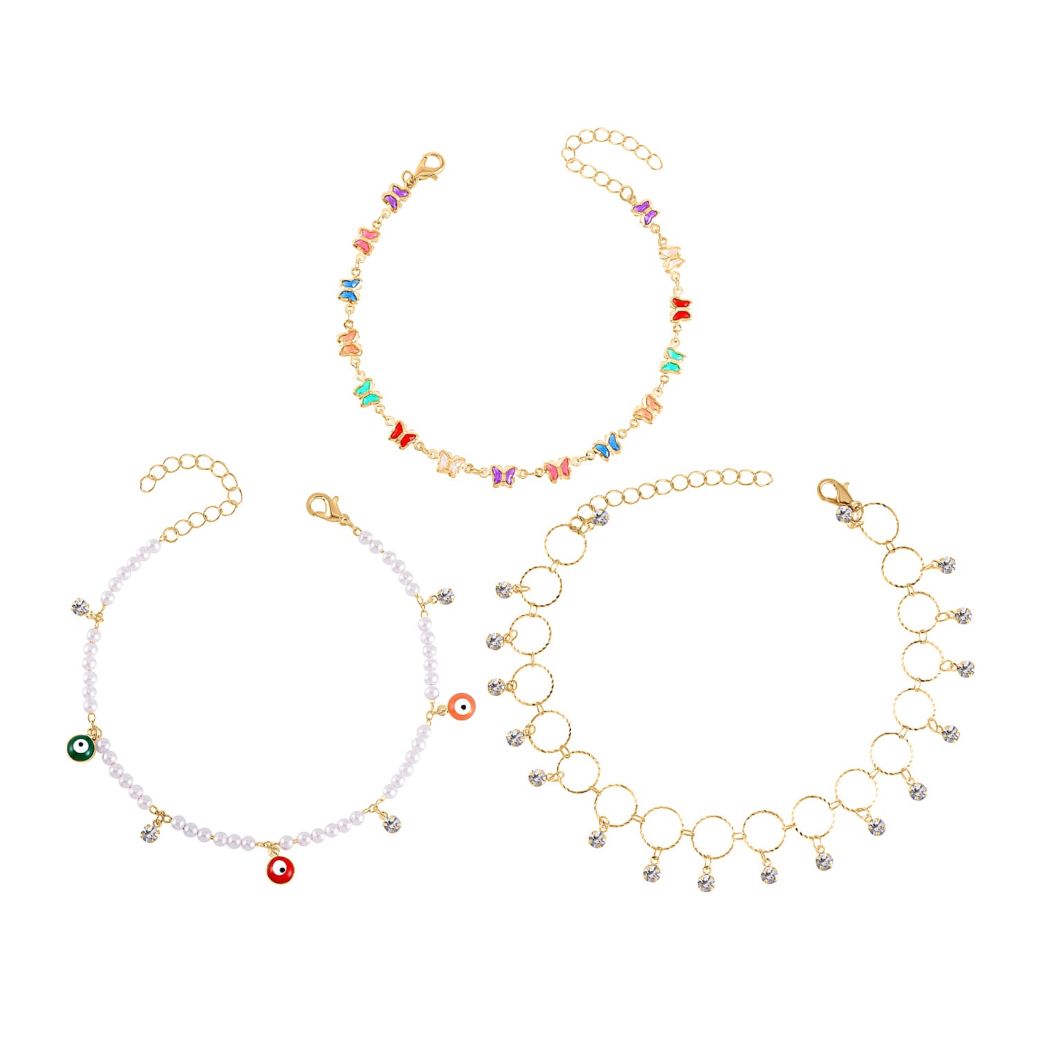Simulated Pearl Resin and Austrian Crystal Set of 3 Flower Evil Eye & Butterfly Anklet in Goldtone (9-11In & 8.5-10.5In)