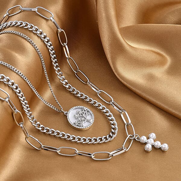 Simulated Pearl Resin Austrian Crystal Three Layered Paperclip Necklace With Tree Of Life & Cross Charm In Silvertone 20.5-22.5 Inches