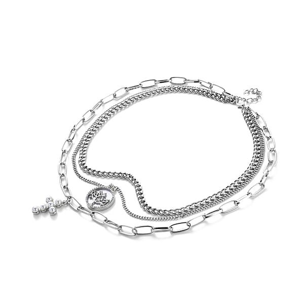 Simulated Pearl Resin Austrian Crystal Three Layered Paperclip Necklace With Tree Of Life & Cross Charm In Silvertone 20.5-22.5 Inches