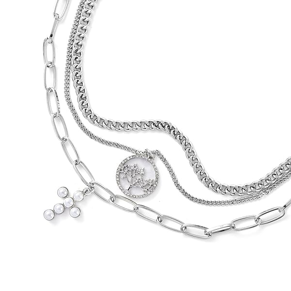 Simulated Pearl Resin Austrian Crystal Three Layered Paperclip Necklace With Tree Of Life & Cross Charm In Silvertone 20.5-22.5 Inches