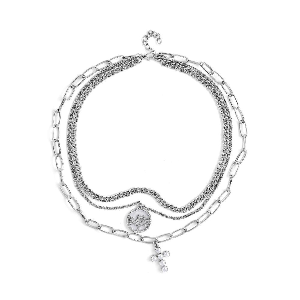 Simulated Pearl Resin Austrian Crystal Three Layered Paperclip Necklace with Tree of Life & Cross Charm in Silvertone 20.5-22.5 Inches