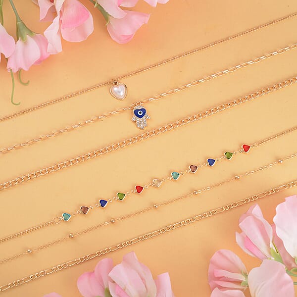 Simulated Pearl White And Multi Color Austrian Crystal Enameled Set Of 2 Necklace (16-18/ 17-19 Inches) In Goldtone