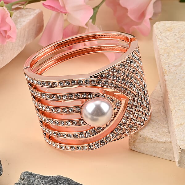 Simulated Pearl White Austrian Crystal Bangle Bracelet In Rosetone (6.25 In)