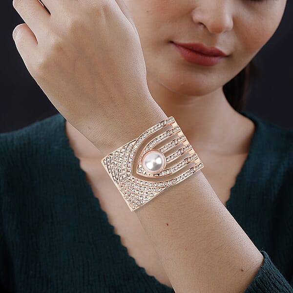 Simulated Pearl White Austrian Crystal Bangle Bracelet In Rosetone (6.25 In)