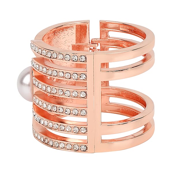 Simulated Pearl White Austrian Crystal Bangle Bracelet In Rosetone (6.25 In)