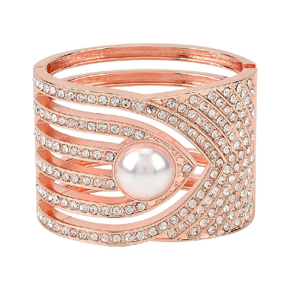 Simulated Pearl White Austrian Crystal Bangle Bracelet in Rosetone (6.25 In)