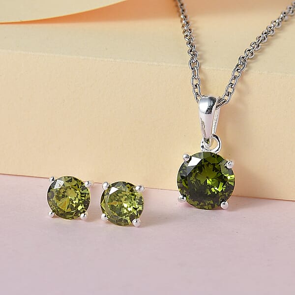 Simulated Peridot Diamond Solitaire Stud Earrings And Pendant In Sterling Silver With Stainless Steel Necklace 20 Inches