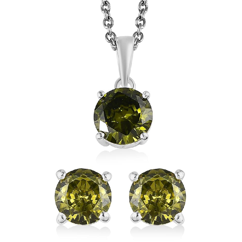 Simulated Peridot Diamond Solitaire Stud Earrings and Pendant in Sterling Silver with Stainless Steel Necklace 20 Inches