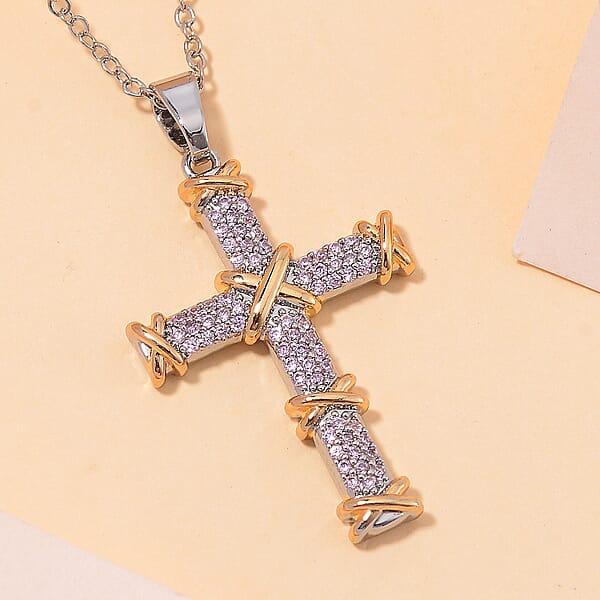 Simulated Pink Diamond 3.50 Ctw XOXO Cross Necklace 20-22 Inches In Dualtone