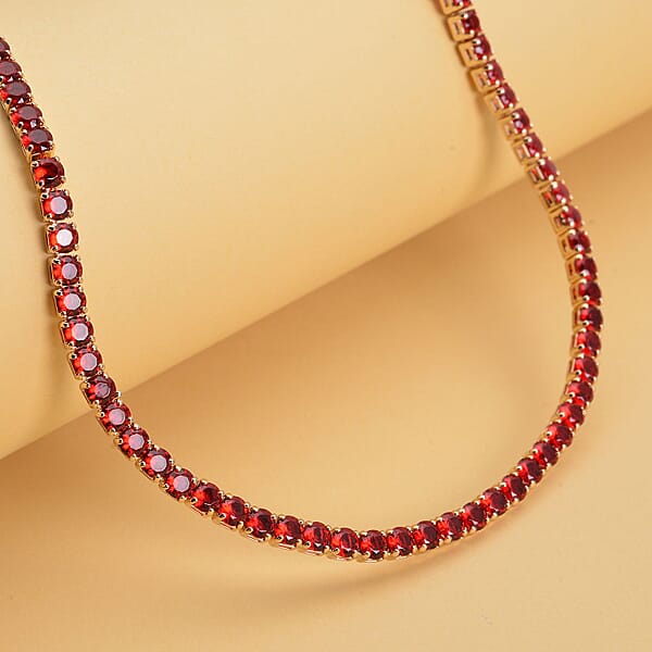 Simulated Red Diamond Necklace 18 Inches In Goldtone 53.00 Ctw