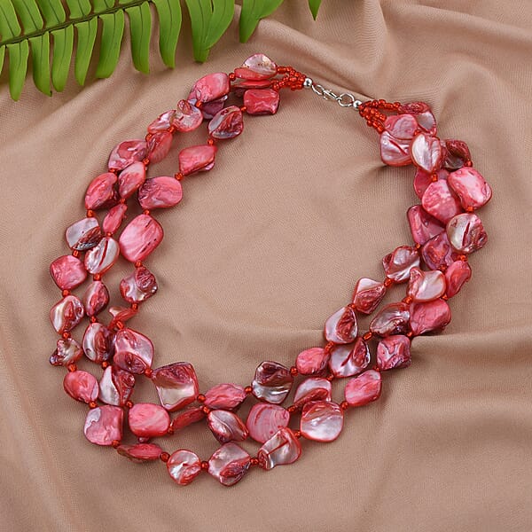 Simulated Red Pearl Multi Strand Necklace In Silvertone 18 Inches