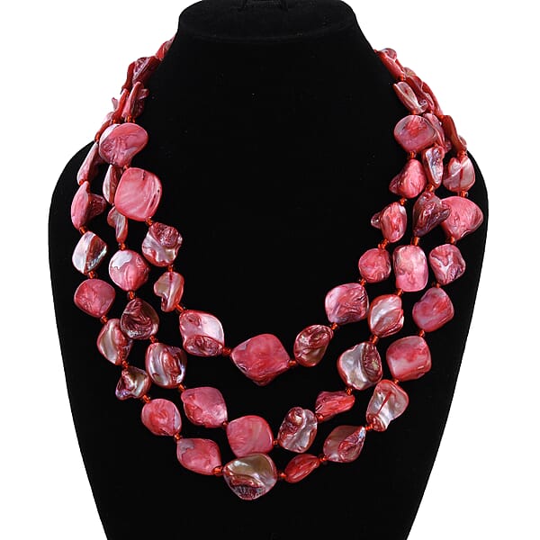 Simulated Red Pearl Multi Strand Necklace In Silvertone 18 Inches