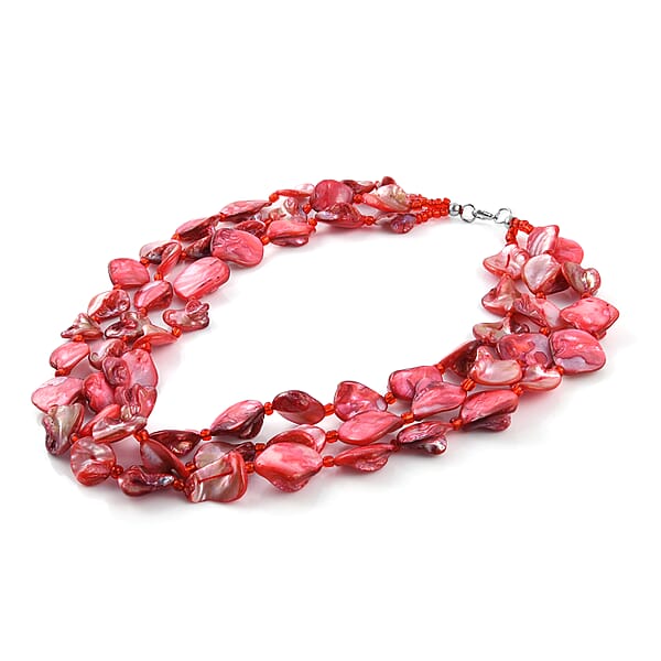 Simulated Red Pearl Multi Strand Necklace In Silvertone 18 Inches