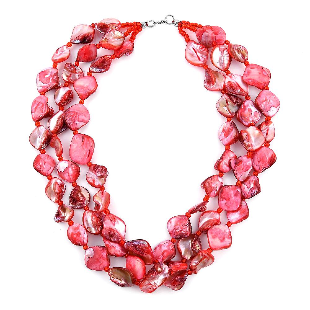 Simulated Red Pearl Multi Strand Necklace in Silvertone 18 Inches