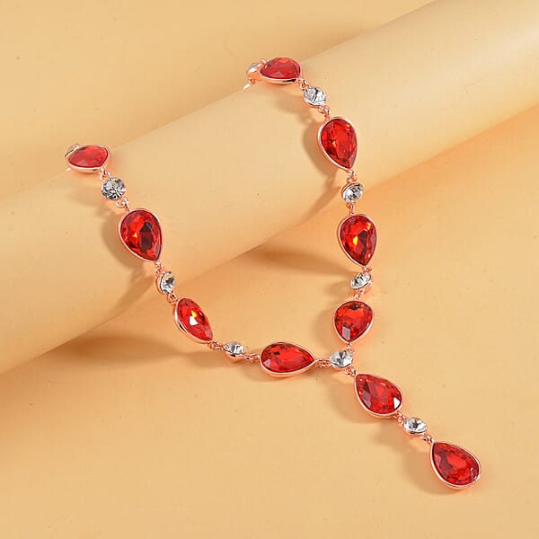 Simulated Ruby And White Austrian Crystal Lariat Necklace In Rosetone 20-22 Inches