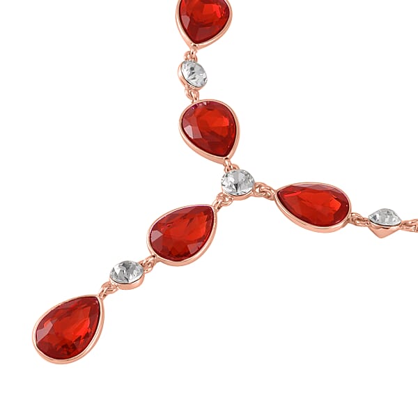 Simulated Ruby And White Austrian Crystal Lariat Necklace In Rosetone 20-22 Inches