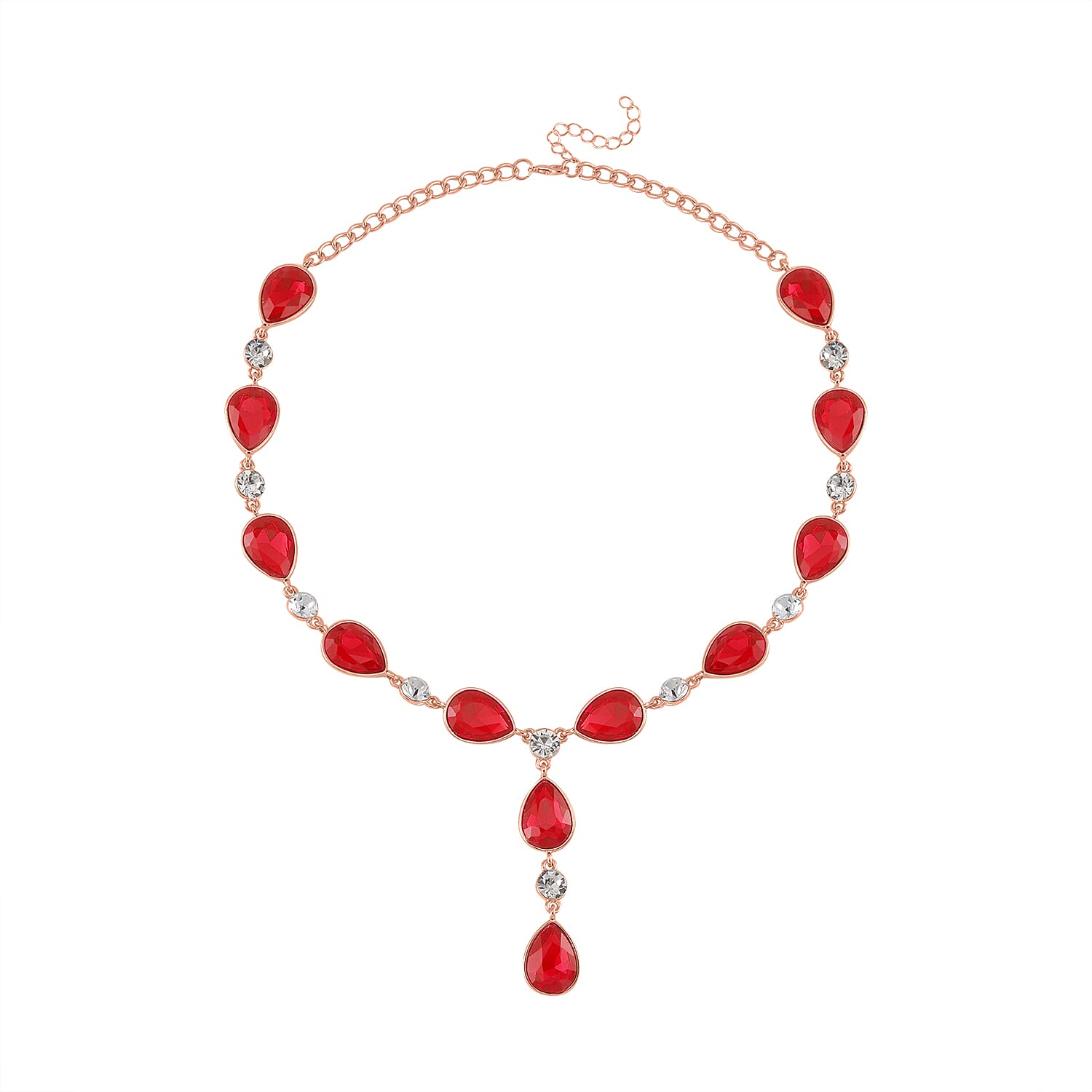 Simulated Ruby and White Austrian Crystal Lariat Necklace in Rosetone 20-22 Inches