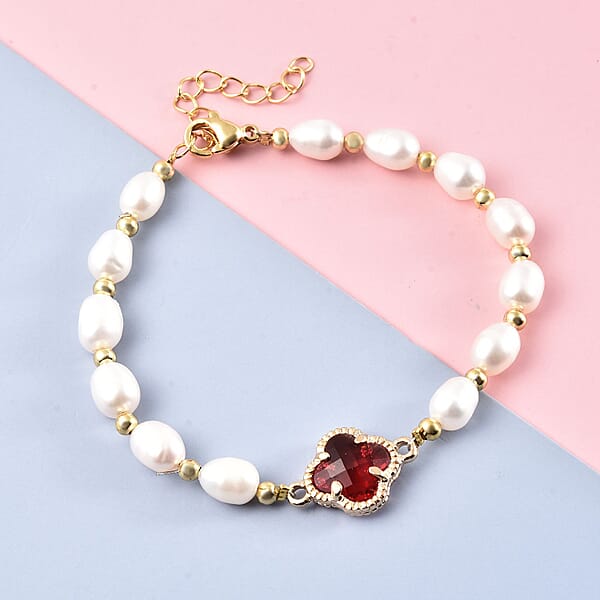 Simulated Ruby And White Freshwater Pearl Bracelet With Four Clover Leaf Charm In Goldtone Lobster Clasp (7.5-9.5-In)