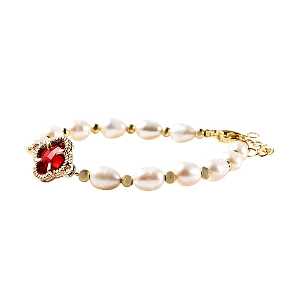 Simulated Ruby And White Freshwater Pearl Bracelet With Four Clover Leaf Charm In Goldtone Lobster Clasp (7.5-9.5-In)