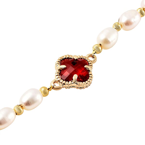 Simulated Ruby And White Freshwater Pearl Bracelet With Four Clover Leaf Charm In Goldtone Lobster Clasp (7.5-9.5-In)